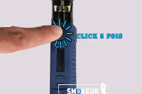 Un doigt appuie sur le bouton d'une cigarette électronique qui s'allume, avec l'indication "CLICK 5 FOIS".
