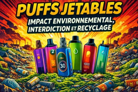 Puffs jetables abandonnés dans un paysage pollué. Une usine crache de la fumée en arrière-plan. Où jeter les puff ?