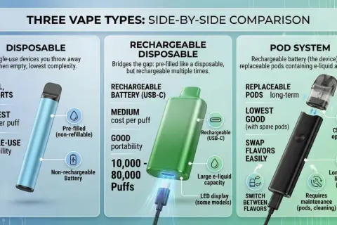 Comparaison de trois types de aio vape : jetable, rechargeable jetable et système à pods.