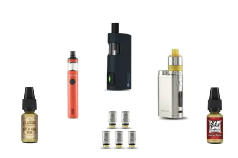 Plusieurs cigarettes électroniques, flacons de e-liquide et résistances. Attention, ma petite vape peut présenter un danger.