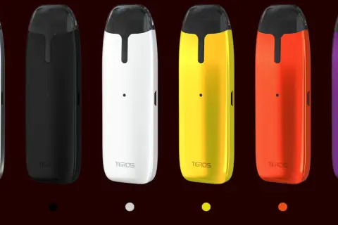 Six pods Joyetech TEROS de différentes couleurs : argent, noir, blanc, jaune, orange et violet.