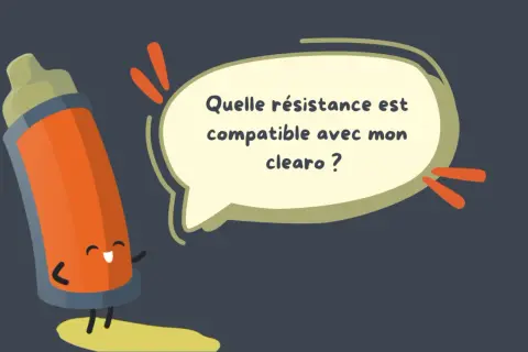Un personnage de clearomiseur Joyetech, joyeux, pose la question : "Quelle résistance est compatible avec mon clearo ?".