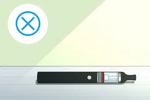Une cigarette électronique noire est posée sur une surface. Un cercle blanc avec une croix bleue indique que le vuse clignote 3 fois, signalant un problème.