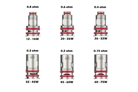 Résistances Vaporesso : 0.8, 0.6, 0.4, 0.3, 0.2, 0.15 ohm. La durée de vie dépend de l'usage et de la puissance.