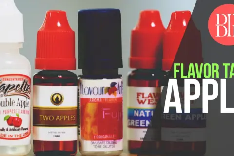 Flacons d'arômes concentrés, dont une bouteille "Double Apple" de Capella. Discussion sur les saveurs de pomme.