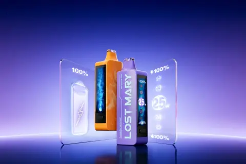 Deux cigarettes électroniques Lost Mary, une orange et une violette, avec des écrans affichant des pourcentages de batterie et des puissances.