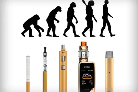 L'évolution de l'homme, du singe à l'homme moderne, est illustrée avec des cigarettes électroniques. Depuis quand existe la cigarette électronique ? L'image suggère une longue histoire.
