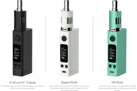 Trois cigarettes électroniques : une noire en mode VT-Ni/Ti, une blanche en mode Bypass, et une verte en mode VW. L'evic offre une expérience personnalisable.
