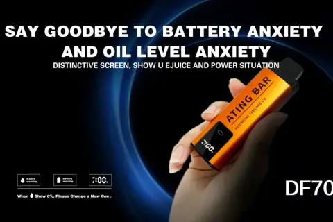 Main orange "ATING BAR" vape, held in hand, affiche 100% batterie pleine. Say goodbye to low power anxiety.