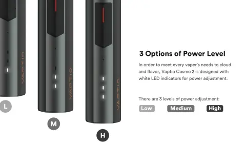 Le Vaptio Cosmo 2, avec ses indicateurs LED, offre 3 niveaux de puissance : Low, Medium, High. Le voyant rouge clignote pour signaler un problème.