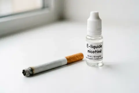 Une cigarette allumée à côté d'une fiole d'e-liquide nicotiné. Le flacon indique "10 ml | 18 mg/ml", suggérant une concentration de 10 mg de nicotine par ml.