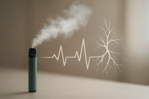 Une cigarette électronique émet de la vapeur, symbolisant une perte de puissance et un impact sur la santé, représenté par un électrocardiogramme et un arbre squelettique.