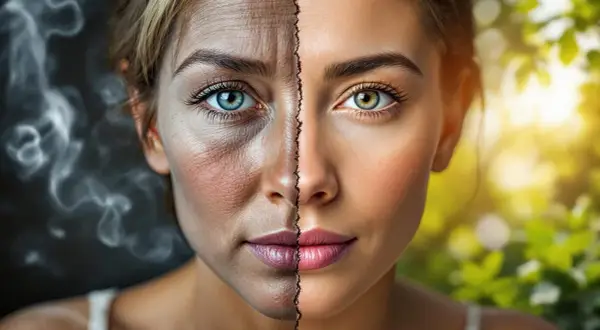 Visage divisé : d'un côté, la peau marquée par la fumée d'une cigarette électronique ; de l'autre, une peau radieuse sous le soleil.