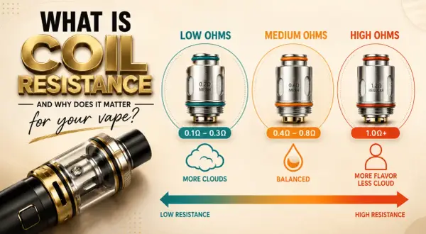 Pour une résistance 0,3 ohm, combien de watts ? L'image montre que les résistances basses (0.1Ω-0.3Ω) produisent plus de vapeur.