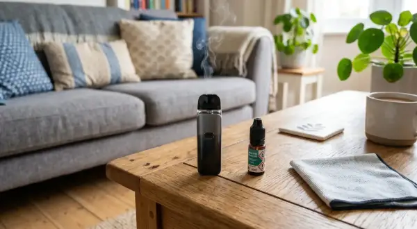 Une cigarette électronique dégage de la vapeur dans un salon confortable. L'odeur de menthe fraîche flotte dans l'air, près d'une tasse de café.