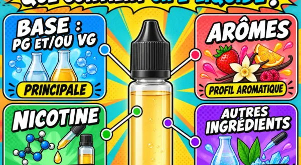 La glycérine végétale (VG) est une base principale des e-liquides, aux côtés du PG. Elle est souvent associée aux arômes et autres ingrédients.