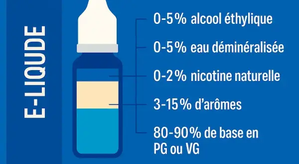 Composition d'e-liquide : 80-90% de propylène glycol (PG) ou glycérine végétale (VG), arômes, nicotine, eau, alcool.