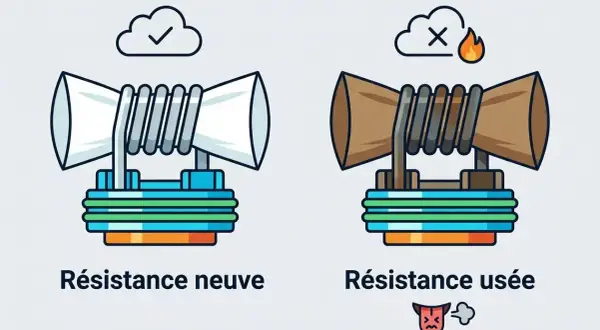 Comparaison visuelle d'une résistance neuve et usée pour un atomiseur. La neuve est blanche et propre, la usée est brune et brûlée.
