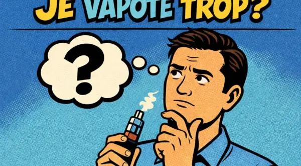 Un homme réfléchit, tenant une cigarette électronique. Une bulle de pensée avec un point d'interrogation suggère : "Je vapote trop ?".