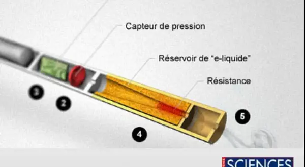 Schéma détaillé d'une cigarette électronique montrant comment fonctionne l'appareil : batterie, microprocesseur, réservoir d'e-liquide et résistance.