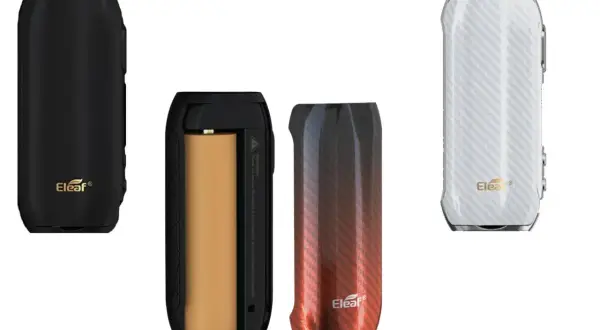 Trois box Eleaf iStick Rim : une noire, une ouverte montrant une batterie, et une blanche à motif carbone.