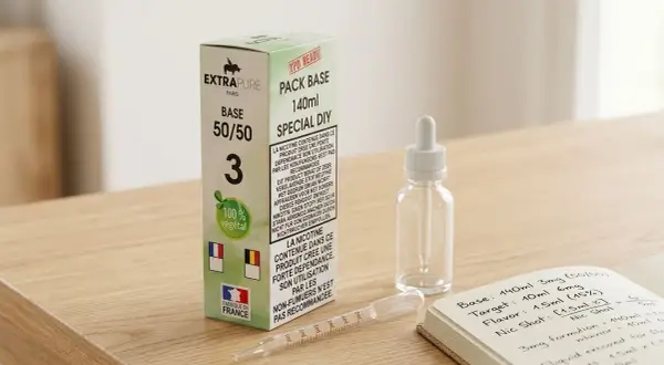 Base de e-liquide 140ml 50/50 avec 3mg de nicotine. Est-ce beaucoup ? La boîte indique "100% végétal".