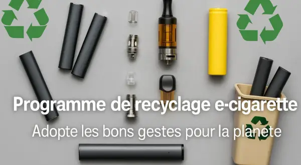 Programme de recyclage e-cigarette : adoptez les bons gestes pour la planète. Des composants de vapoteuses sont disposés autour d'un symbole de recyclage.