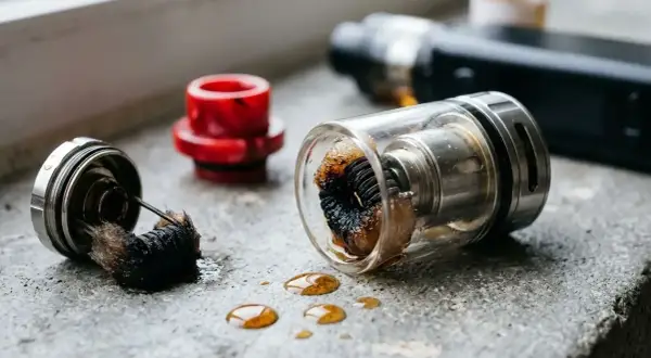 Résistance cigarette électronique cramé, coton noirci et liquide renversé. Un signe qu'il est temps de changer la résistance.