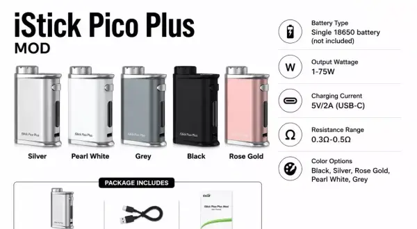 Le mod Eleaf iStick Pico Plus est présenté en plusieurs couleurs : argent, blanc perle, gris, noir et or rose.