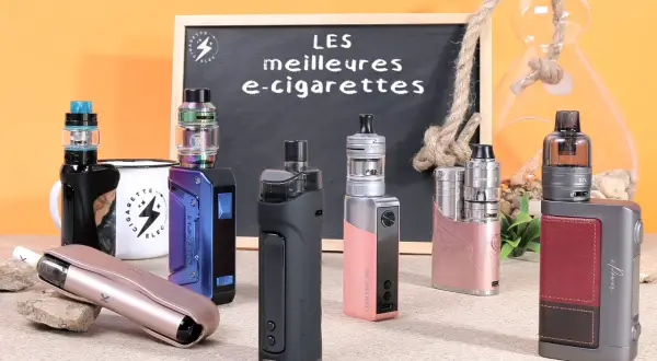 Une sélection de cigarettes électroniques légères et stylées, aux couleurs vives et aux designs variés, présentées sur un fond orange.