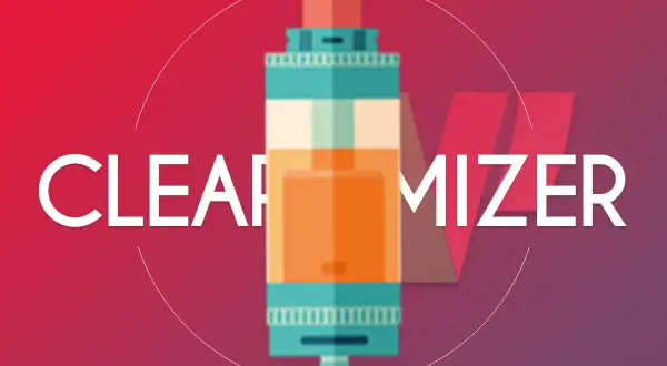 Illustration d'un clearomiseur de cigarette électronique avec le mot "CLEAROMIZER" en gros caractères.