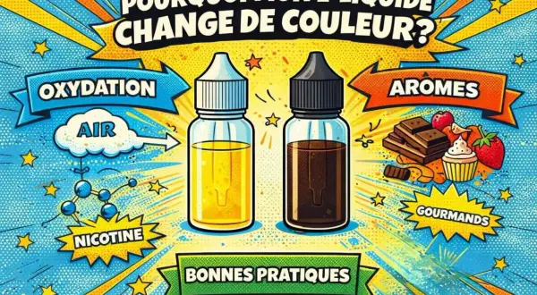 Deux flacons d'e-liquide, l'un jaune clair, l'autre brun foncé, illustrent pourquoi mon e-liquide change de couleur. L'oxydation et les arômes gourmands sont mis en avant.
