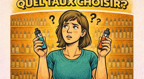 Une femme hésite entre deux flacons d'e-liquide, devant une étagère remplie de bouteilles. Quel taux choisir pour son e liquide famous ?