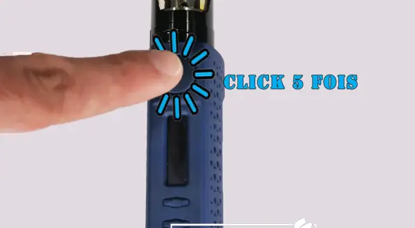Un doigt appuie sur le bouton d'une cigarette électronique qui s'allume, avec l'indication "CLICK 5 FOIS".