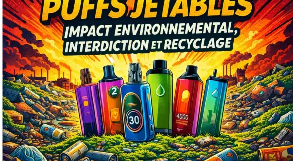 Puffs jetables abandonnés dans un paysage pollué. Une usine crache de la fumée en arrière-plan. Où jeter les puff ?