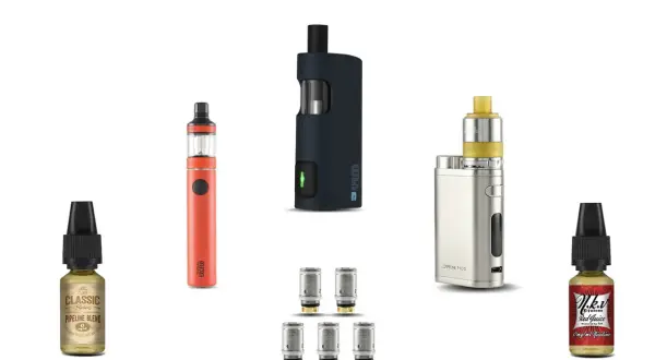 Plusieurs cigarettes électroniques, flacons de e-liquide et résistances. Attention, ma petite vape peut présenter un danger.