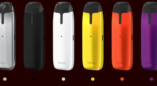 Six pods Joyetech TEROS de différentes couleurs : argent, noir, blanc, jaune, orange et violet.