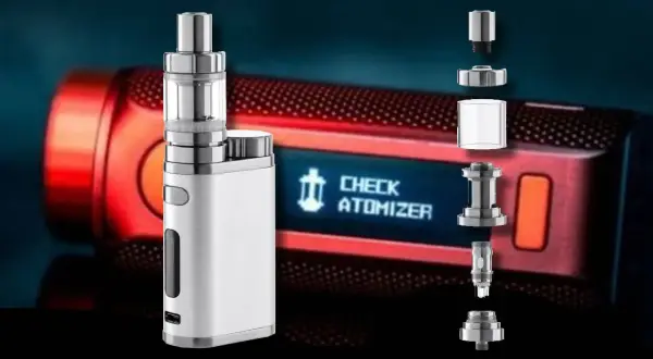 Vape Eleaf blanc avec message "CHECK ATOMIZER". Pièces détachées de l'atomiseur en exposition.