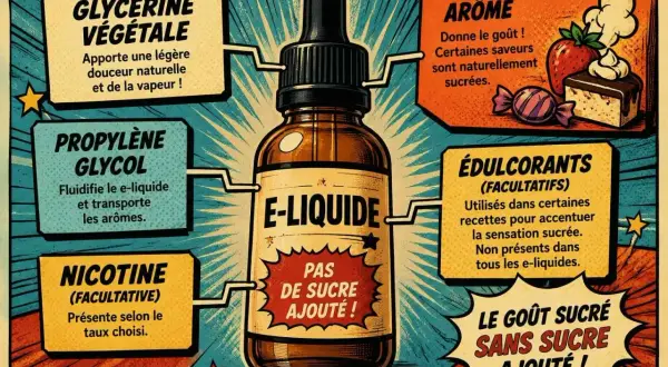 La glycérine végétale apporte douceur et vapeur à l'e-liquide. L'image détaille les composants d'un e-liquide, dont la glycérine.