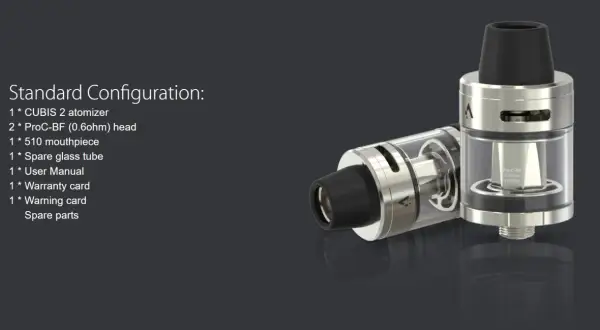 Clearomiseur Cubis 2 de Joyetech, avec sa résistance ProC-BF 0.6ohm et son drip tip noir.