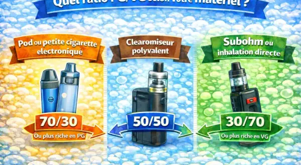 Guide pour choisir le ratio PG/VG de votre e-liquide pour cigarette électronique : 70/30 pour pods, 50/50 pour clearomiseurs polyvalents, 30/70 pour inhalation directe.