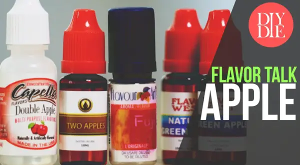 Flacons d'arômes concentrés, dont une bouteille "Double Apple" de Capella. Discussion sur les saveurs de pomme.