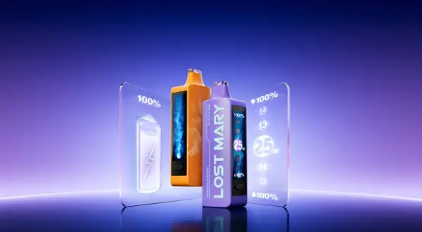 Deux cigarettes électroniques Lost Mary, une orange et une violette, avec des écrans affichant des pourcentages de batterie et des puissances.