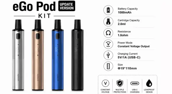 Kit Joyetech eGo Pod : 4 couleurs (argent, or rose, bleu, noir), 1000mAh, 2ml, 1.0ohm, charge USB-C.