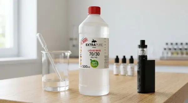 Bouteille d'e liquide perimé, bécher avec pipette, cigarette électronique et flacons sur une table en bois.