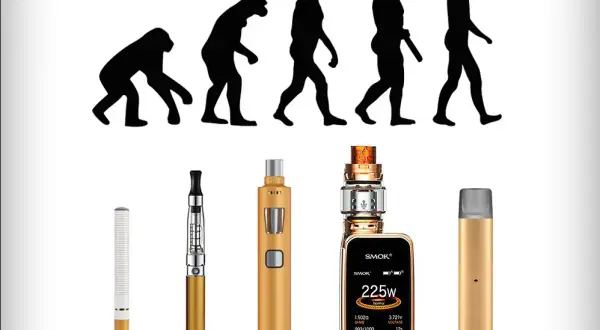 L'évolution de l'homme, du singe à l'homme moderne, est illustrée avec des cigarettes électroniques. Depuis quand existe la cigarette électronique ? L'image suggère une longue histoire.