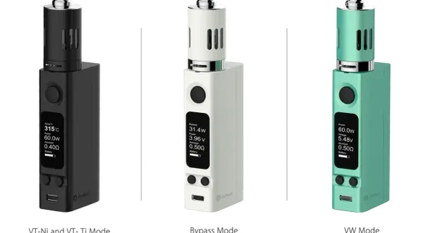 Trois cigarettes électroniques : une noire en mode VT-Ni/Ti, une blanche en mode Bypass, et une verte en mode VW. L'evic offre une expérience personnalisable.