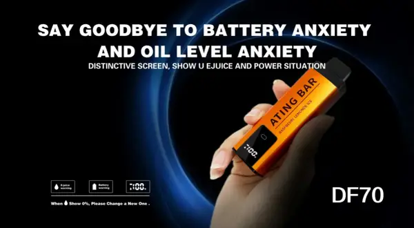 Main orange "ATING BAR" vape, held in hand, affiche 100% batterie pleine. Say goodbye to low power anxiety.