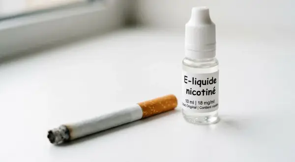 Une cigarette allumée à côté d'une fiole d'e-liquide nicotiné. Le flacon indique "10 ml | 18 mg/ml", suggérant une concentration de 10 mg de nicotine par ml.