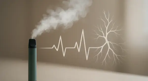 Une cigarette électronique émet de la vapeur, symbolisant une perte de puissance et un impact sur la santé, représenté par un électrocardiogramme et un arbre squelettique.